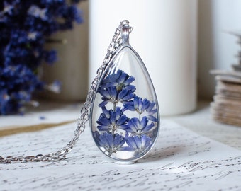 Large drop LAVENDER terrarium pendant necklace, nature necklace, flower necklace, soldered, pressed flower, necklace made to order, gift