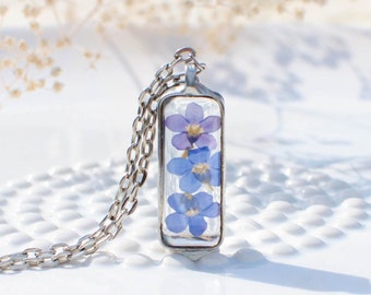FORGET ME NOT terrarium pendant, very small rectangular bar, made to order,