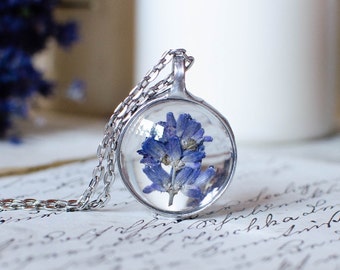 Small round LAVENDER terrarium pendant necklace, nature necklace, flower necklace, pressed flower necklace, terrarium jewelry made to order