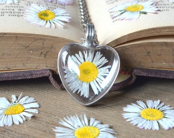 Small heart DAISY terrarium pendant, made to order, wildflower woodland forest, pressed flower, christmas gift, herbarium, flower child