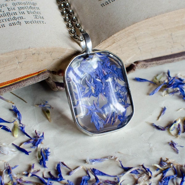 Small CORNFLOWER octagon necklace, nature necklace, flower necklace, pressed flower necklace, terrarium jewelry made to order