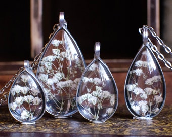Pendentif terrarium Drop BABY'S BREATH, 4 tailles, collier gypsophile, collier de fleurs sauvages blanches, bijoux floraux, fleur pressée, très prairie