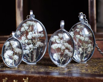 Pendentif terrarium ovale BABY'S BREATH, 4 tailles, collier gypsophile, collier de fleurs sauvages blanches, bijoux floraux, fleur pressée, très prairie