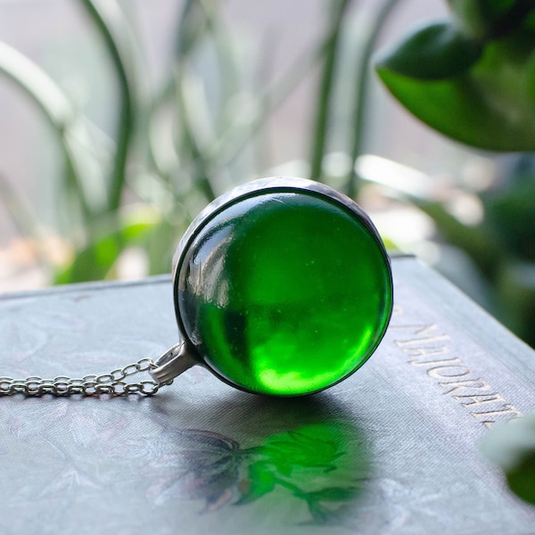 Crystal ball necklace, green glass large