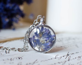 Tiny round LAVENDER terrarium pendant necklace, nature necklace, flower necklace, pressed flower necklace, terrarium jewelry made to order