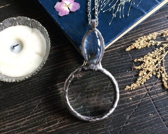 MAGNIFYING GLASS and DANDELION, terrarium pendant, looking glass pendant, loupe necklace, wish necklace, christmas gift