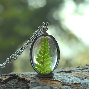Winzige ovale FARN Terrarium Anhänger, Terrarium Kette, echter getrockneter Farn, Pflanzenschmuck, echte getrocknete Blume, Wald Kette, gepresste Blume