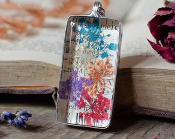 QUEEN ANNE'S LACE and a vintage book drawing terrarium necklace, pressed flowers, 5 colors