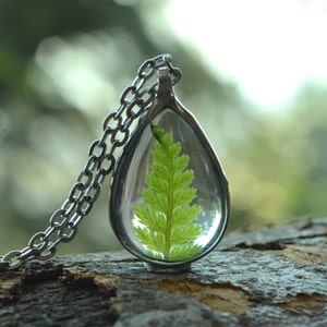 Tiny drop fern necklace, dried fern, terrarium necklace, plant jewelry, tin pewter jewelry, real dried flower, forest necklace flower child
