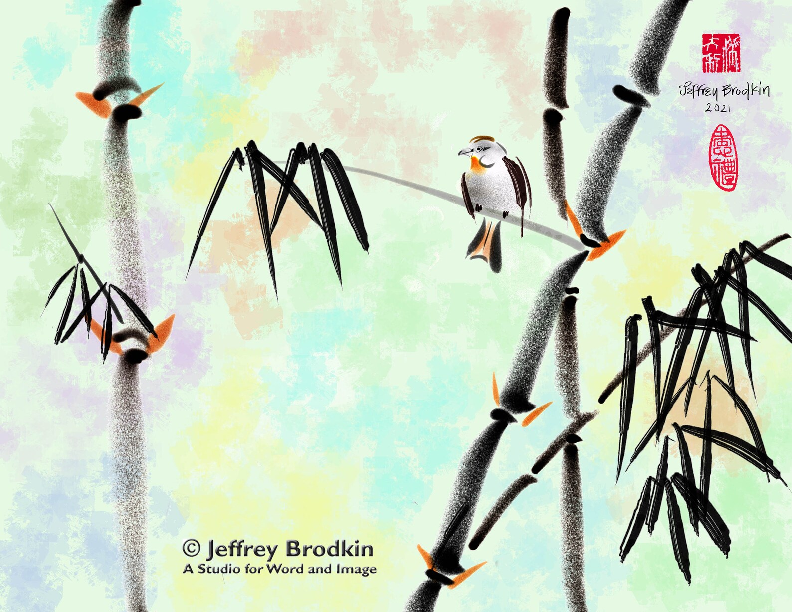 Bamboo and Bird. Digital Art. Print With Mat and Backing. Etsy