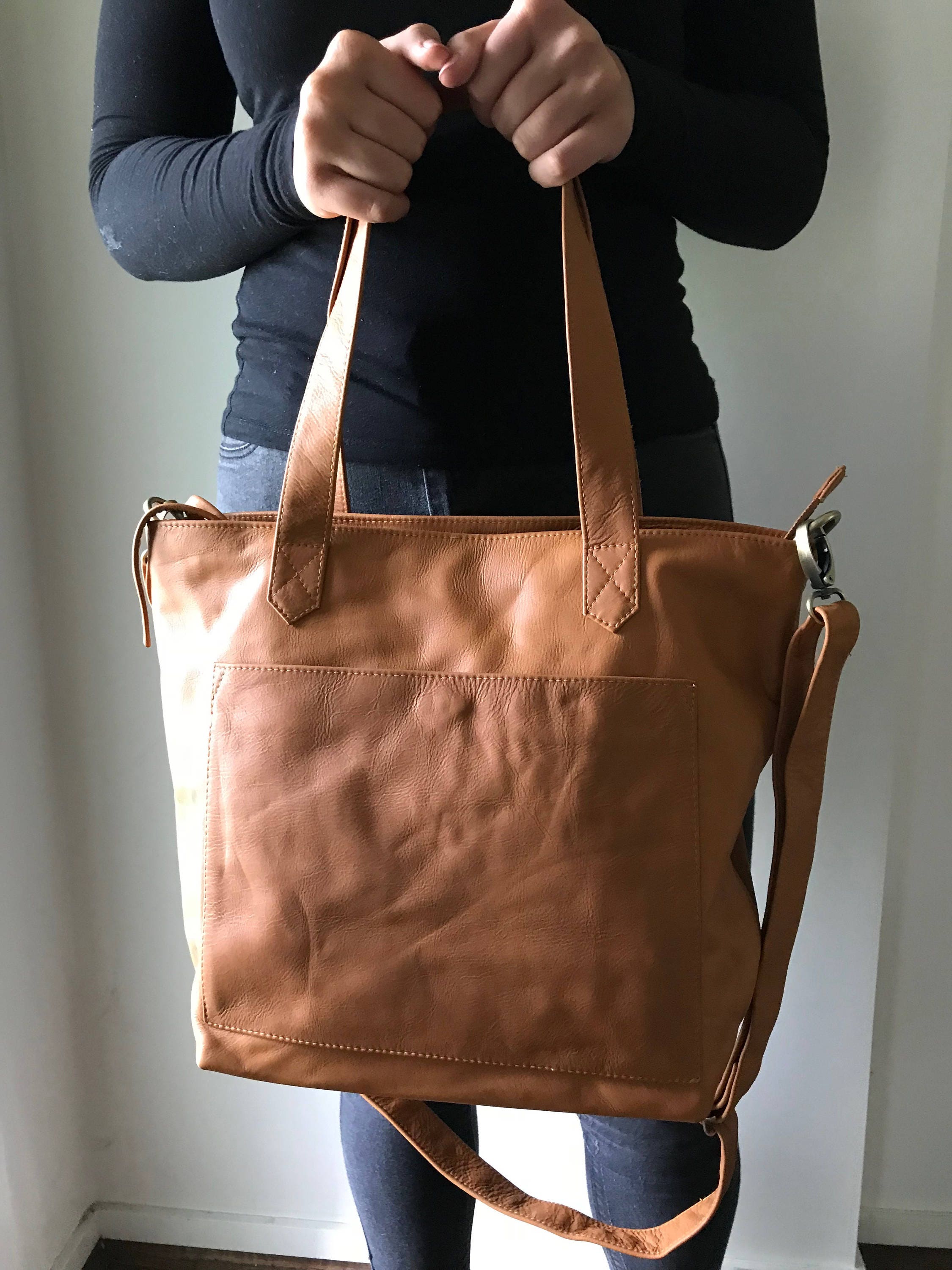 Large Leather Tote Bag With Outside Pockets