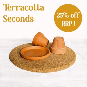 May include: Three terracotta pots and a saucer, all in a natural brown colour, are arranged on a cork coaster. The text "25% off RRP!" is written in white on a yellow circle.
