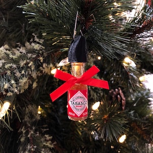 Christmas Tree Ornament with Real Mini Tabasco Sauce Bottle