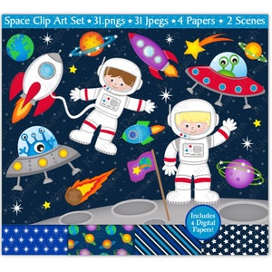 Clipart spazio, Clipart astronauta, Clipart spazio esterno, Razzo, Clipart pianeti, Clipart alieni, Carte spaziali, Scrapbooking, Commerciale (C21)