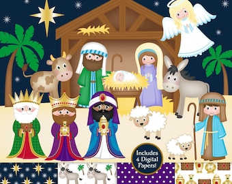 May include: A digital clip art set featuring a nativity scene with a manger, baby Jesus, Mary, Joseph, an angel, three wise men, a donkey, a cow, and two sheep. The set also includes four digital papers with different patterns.
