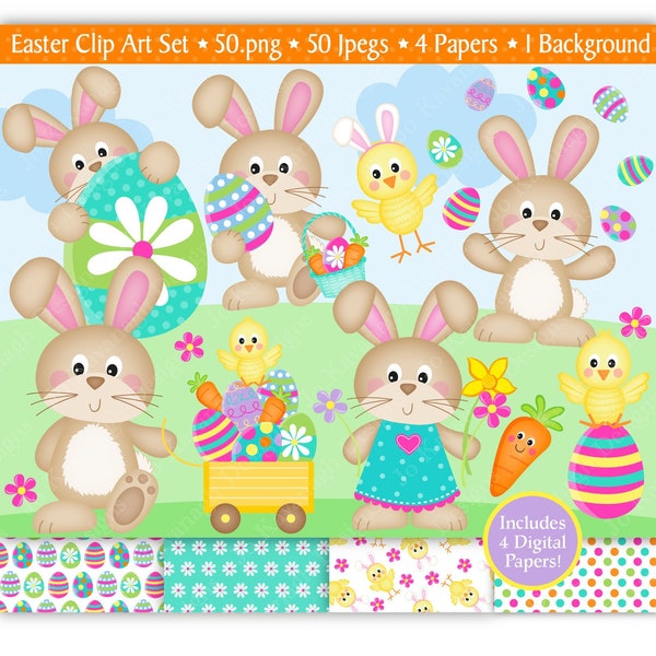 Easter clipart & Digital Paper Set,Easter Bunny Clipart,Easter Clip Art,Easter Chick Clipart,Easter Eggs Clipart,Commercial Use (C8)