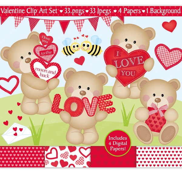 Valentine clipart, Valentine bears clipart, Valentine Digital Papers, Valentines Day, Cute Bear Clipart, Heart Clipart, Commercial Use (C25)