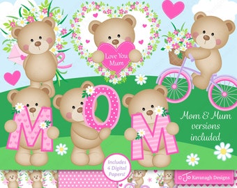 Mothers day clipart, Mothers Day, Mom clipart, Mum clipart, Bear clipart, Cute bear clipart, Mothers day digital, Commercial Use, C52