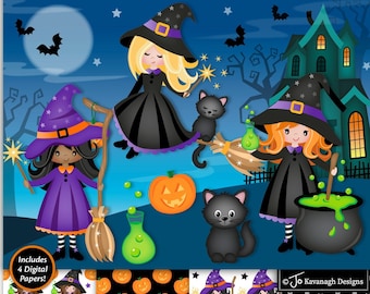 Halloween witch clipart, Halloween Clip Art, Halloween PNG, Black cat illustrations, Haunted House graphics, C56