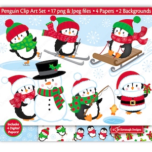 Imágenes prediseñadas de pingüinos, imágenes prediseñadas de Navidad, pingüinos lindos, pingüino, documentos digitales de pingüinos, gráficos de pingüinos, muñeco de nieve, Navidad, comercial (C49)