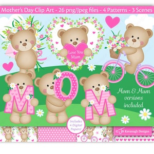 Clipart fête des mères, fête des mères, maman clipart, clipart maman, clipart ours, clipart ours mignon, fête des mères numérique, usage commercial, C52