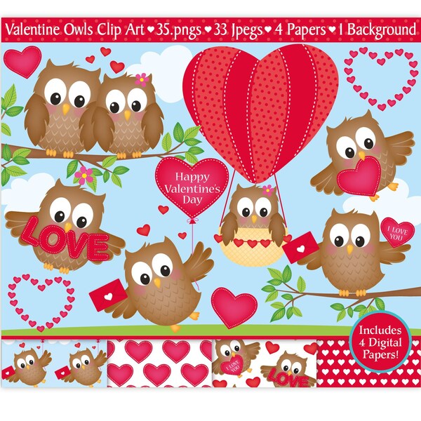 Valentine Clipart,Valentine Digital Papers,Valentine Owls Clip Art,Owl Clipart,Cute Owls Clipart,Hearts Clipart,Commercial Use (C26)