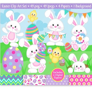 Ostern Clipart & digitales Papier Set, Ostern Clip Art, Osterhase Clipart, Osterküken Clipart, Ostereier, Scrapbooking, kommerzielle Nutzung (C9)
