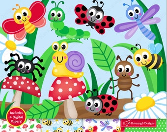 Cute Bugs Clipart, Insects Clipart, Garden Bugs Clipart, Snail, Ladybug, Ladybird, Bee, Caterpillar, Butterfly, Ant, Commercial Use (C45)