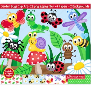 Clipart di insetti carini, Clipart di insetti, Clipart di insetti da giardino, Lumaca, Coccinella, Coccinella, Ape, Bruco, Farfalla, Formica, Uso commerciale (C45)