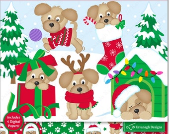 Christmas Dogs Clipart, Cute Puppy Dog Clipart, Christmas Dog Illustrations, Christmas Animals Clipart, Cute Dogs, C58