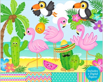 Flamingo Clipart & Digital Papers, Summer PNG Bundle, Cactus Clipart, Summer Clip Art, Toucan Clipart, Cute Pineapple, Tropical Png