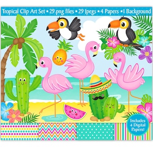 Clipart de flamingo e papéis digitais, clipart de cacto, clipart de verão, clipart de tucano, clipart de abacaxi, clipart tropical, uso comercial (C22)