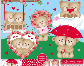 Valentine Bears Clipart, Valentine Png, Teddy Bear, Hearts, Commercial Use