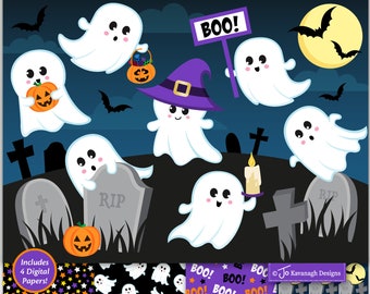 Halloween Clipart, Ghost Clipart, Halloween Ghost Clipart, Bat Clipart, Halloween Digital Papers, Graveyard, Jack O Lantern,Commercial (C48)