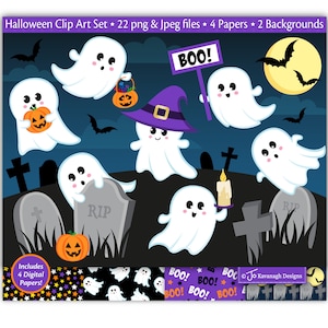 Clipart Halloween, Clipart Duchów, Clipart Duchów Halloween, Clipart Nietoperza, Cyfrowe Papiery Halloween, Cmentarz, Jack O Lantern, Komercyjne (C48)