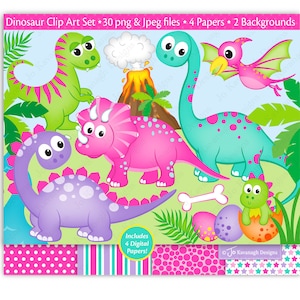 Dinosaurier Clipart & digitales Papier, Mädchen Dinosaurier Clipart, rosa Dinosaurier, T-Rex, Pterodactyl, Triceratops, Scrapbooking, Scrapbooking, kommerzielle Nutzung (C46)