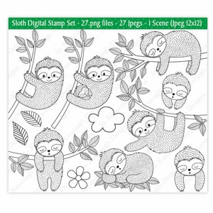 Sellos digitales de perezosos, sellos digitales de perezosos adorables, perezosos soñolientos, sellos de perezosos, clipart de perezosos, perezoso bebé, uso comercial (S27)