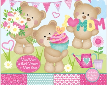 Mothers Day Clipart,Heart Bear Digital Papers,Bear Clipart,Bear Clip Art,Cute Bear Clipart,Mom Clipart,Mum Clipart,Commercial Use (C19)