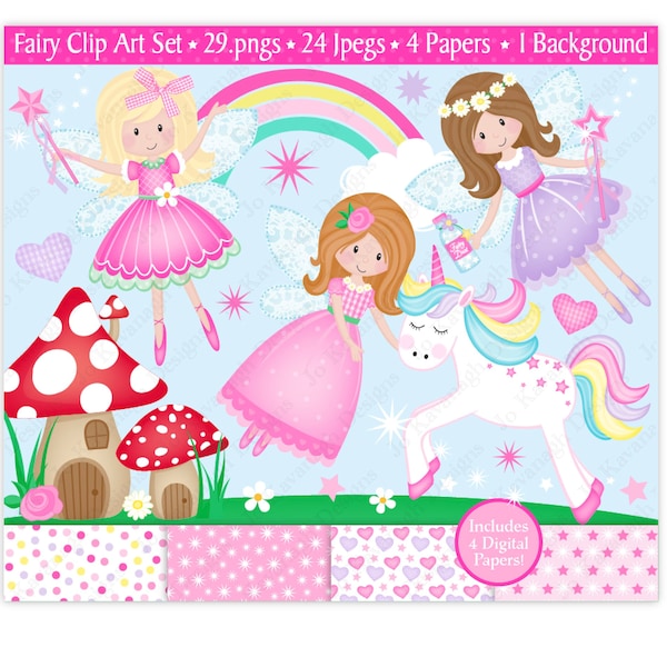 Fairy Clipart & Digital Papers Set,Fairy Clip Art,Unicorn Clipart,Clipart,Cute Fairy Clipart,Cute Unicorn,Scrapbooking,Commercial Use (C10)