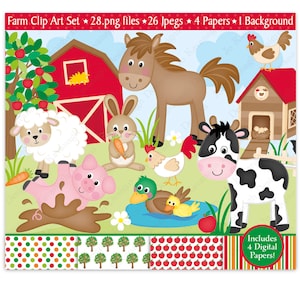 Clipart fattoria, documenti digitali animali fattoria, clipart fattoria, clipart simpatici animali fattoria, pecore, mucche, clipart cavallo, cortile, uso commerciale (C12)