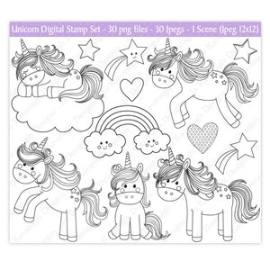 Sellos digitales de unicornio, imágenes prediseñadas de unicornio, lindos sellos de unicornio, unicornio para colorear, uso comercial (S22)