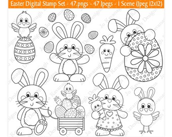 Könnte beinhalten: Ein Set mit 47 Schwarzweiß-Stempeln mit Illustrationen zum Thema Ostern. Die Bilder zeigen Hasen, Küken, Karotten und Eier. Die Stempel eignen sich perfekt zum Erstellen von Karten, Einladungen und anderen Bastelarbeiten.
