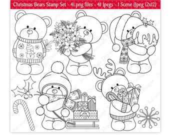 Sellos digitales navideños, sellos digitales, sellos digitales de osos navideños, sellos de osos lindos, imágenes prediseñadas navideñas, sellos navideños, uso comercial (S1)