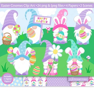 Clipart de nain de Pâques, gnomes de Pâques, gnomes, clipart nain, oeufs de Pâques des cliparts, panier de Pâques, papiers numériques de Pâques, usage Commercial (C51)