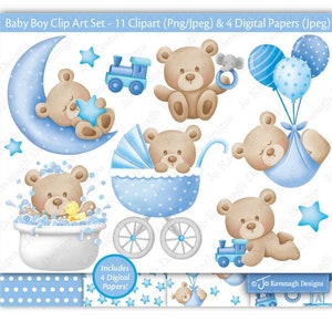 Paquete de imágenes prediseñadas de bebé niño, imágenes prediseñadas de bebé, imprimibles para baby shower, imágenes prediseñadas de bebé, bebé recién nacido, ilustraciones de ositos de peluche