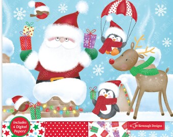 Può includere: Un set di clip art digitale con Babbo Natale su un tetto, una renna, pinguini e un pettirosso. Il set include 14 file PNG e 13 file JPEG, 4 carte digitali e 2 sfondi. Il testo "Includes 4 Digital Papers!" è nella parte inferiore dell'immagine.