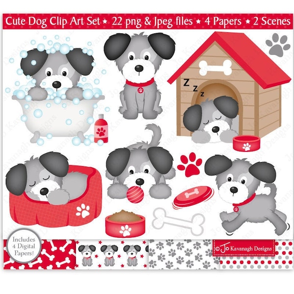 Imágenes prediseñadas de perros lindos, imágenes prediseñadas de cachorros, imágenes prediseñadas de mascotas, huellas de patas, ilustraciones digitales de perros, uso comercial (C37)