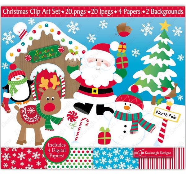 Kerstmis Clipart, Kerstmis Digitale Papieren, Kerstmis Clip Art, Santa Clipart, Holiday Clipart, Rendier Clipart, Sneeuwpop, Commercieel Gebruik (C4)