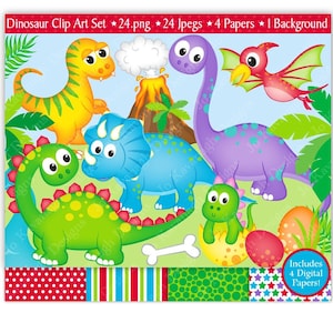 Clipart de dinossauro e papéis digitais, clipart de dinossauros fofos, dinossauro bebê, T-rex, pterodáctilo, triceratops, vulcão, scrapbooking, comercial (C6)