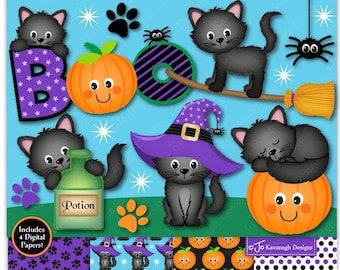 Cute Halloween Cat Clipart, Halloween Illustration Bundle, Cat clipart, Kitten clipart, Pumpkin Clip Art, Jack O Lantern, Commercial Use
